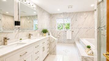 Shower, hair dryer, bidet, towels