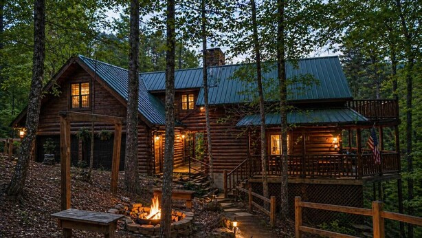 A log cabin with a fire pit, wooden deck, and a covered porch. - Rustic Pet Friendly Cabin in Pigeon Forge! (Pigeon Forge)