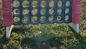 Un espace extérieur aménagé avec des sièges bleus et blancs, baigné de lumière solaire.