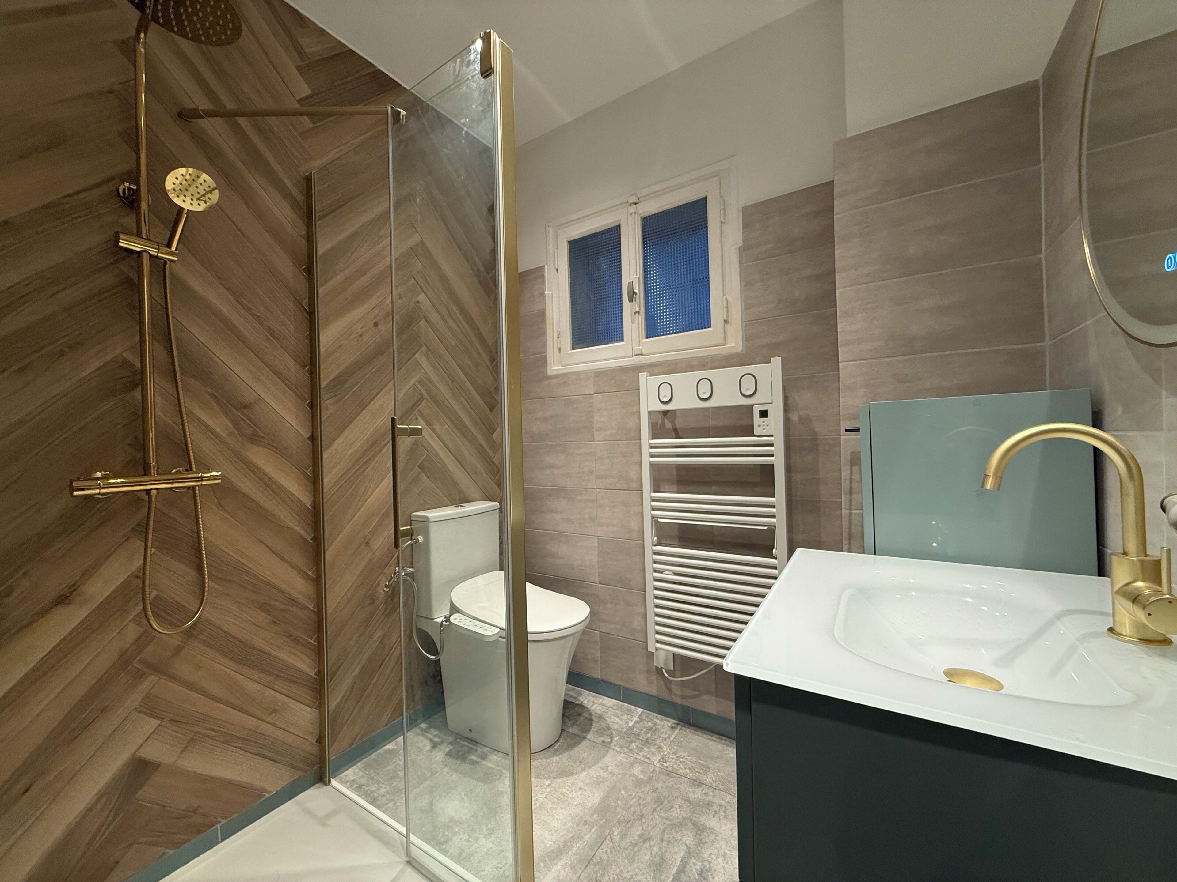 Shower, hair dryer, bidet, towels