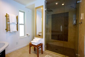 Hair dryer, bidet, towels, soap