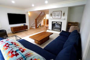 Smart TV, fireplace, DVD player, books