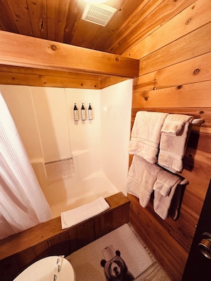 Hair dryer, towels, soap, toilet paper