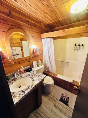 Hair dryer, towels, soap, toilet paper