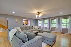TV, fireplace, table football, offices - Adventure Awaits! Hot Tub & Game Room Retreat (McGaheysville)