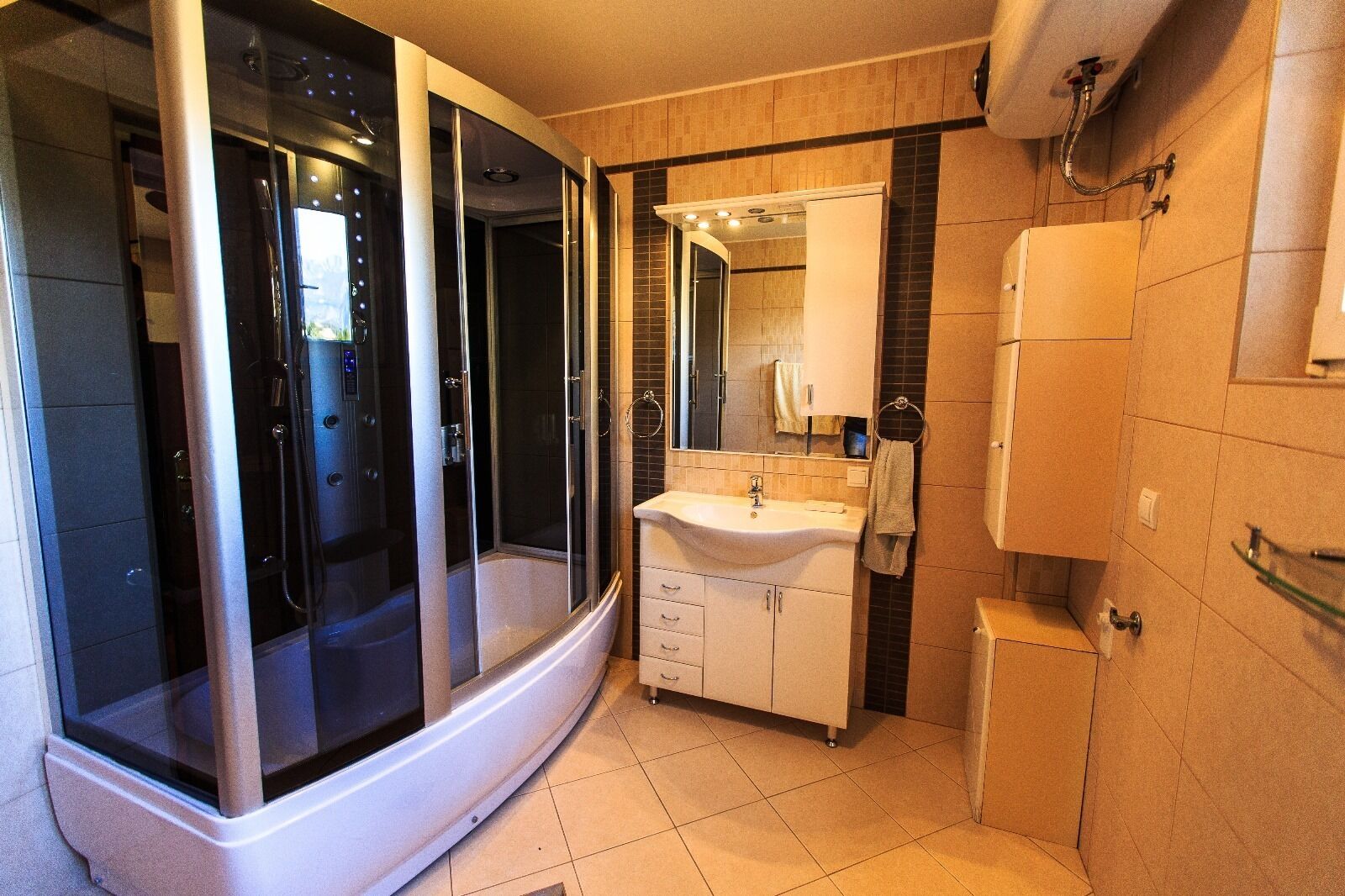 Hair dryer, towels, soap, toilet paper