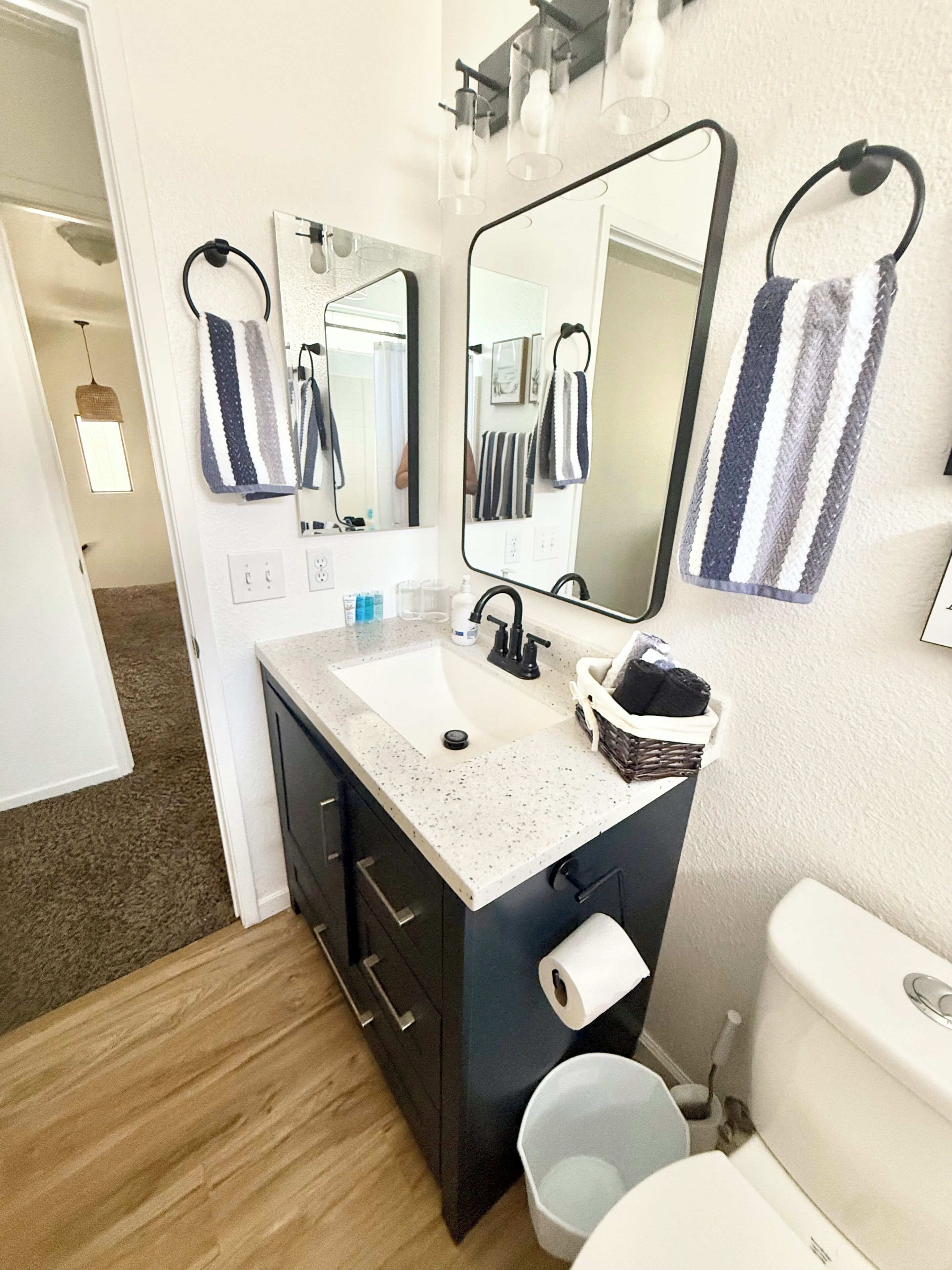 Hair dryer, towels, soap, toilet paper