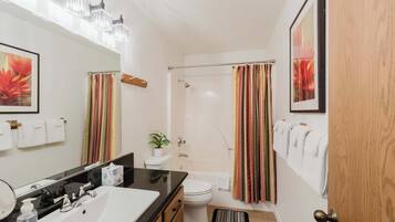 Shower, hair dryer, towels, shampoo