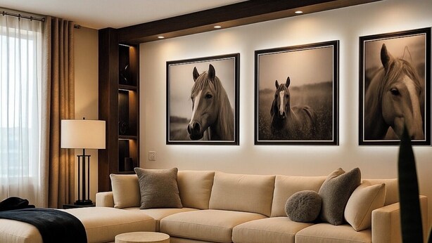 Un salon moderne avec un canapé beige, deux petites tables rondes et trois photographies de chevaux encadrées accrochées au mur.