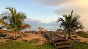 Eine Holzstege führt zu einem Strand mit Palmen und blauem Himmel.