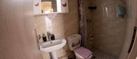 Hair dryer, towels, soap, toilet paper