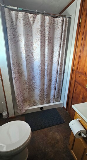 Un baño con cortina de ducha, inodoro y lavamanos.