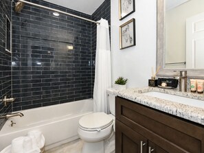 Shower, hair dryer, towels, soap - Modern Home Near HPU + Market + Downtown (High Point)