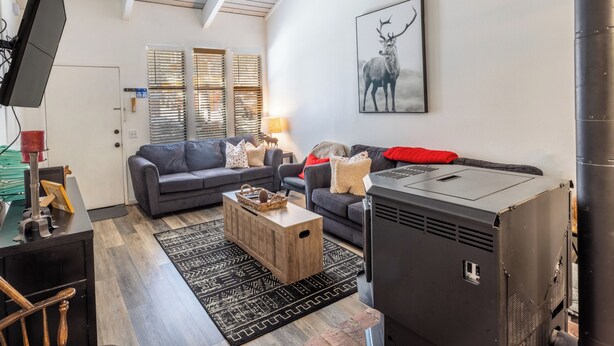 A living room with a sofa, a coffee table, a fireplace, and a television. - Centrally Located Townhouse - Jacuzzi & Parking! (Mammoth Lakes)