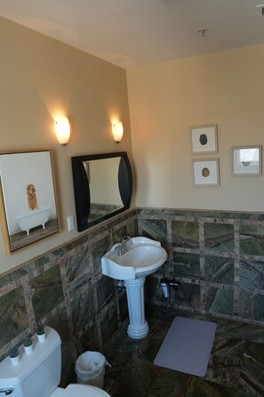 Hair dryer, towels, soap, toilet paper