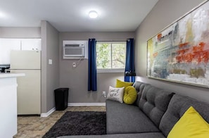 Ein Wohnzimmer mit einem grauen Sofa, einem schwarzen Teppich, einem Fenster mit blauen Vorhängen und einem Bild an der Wand.