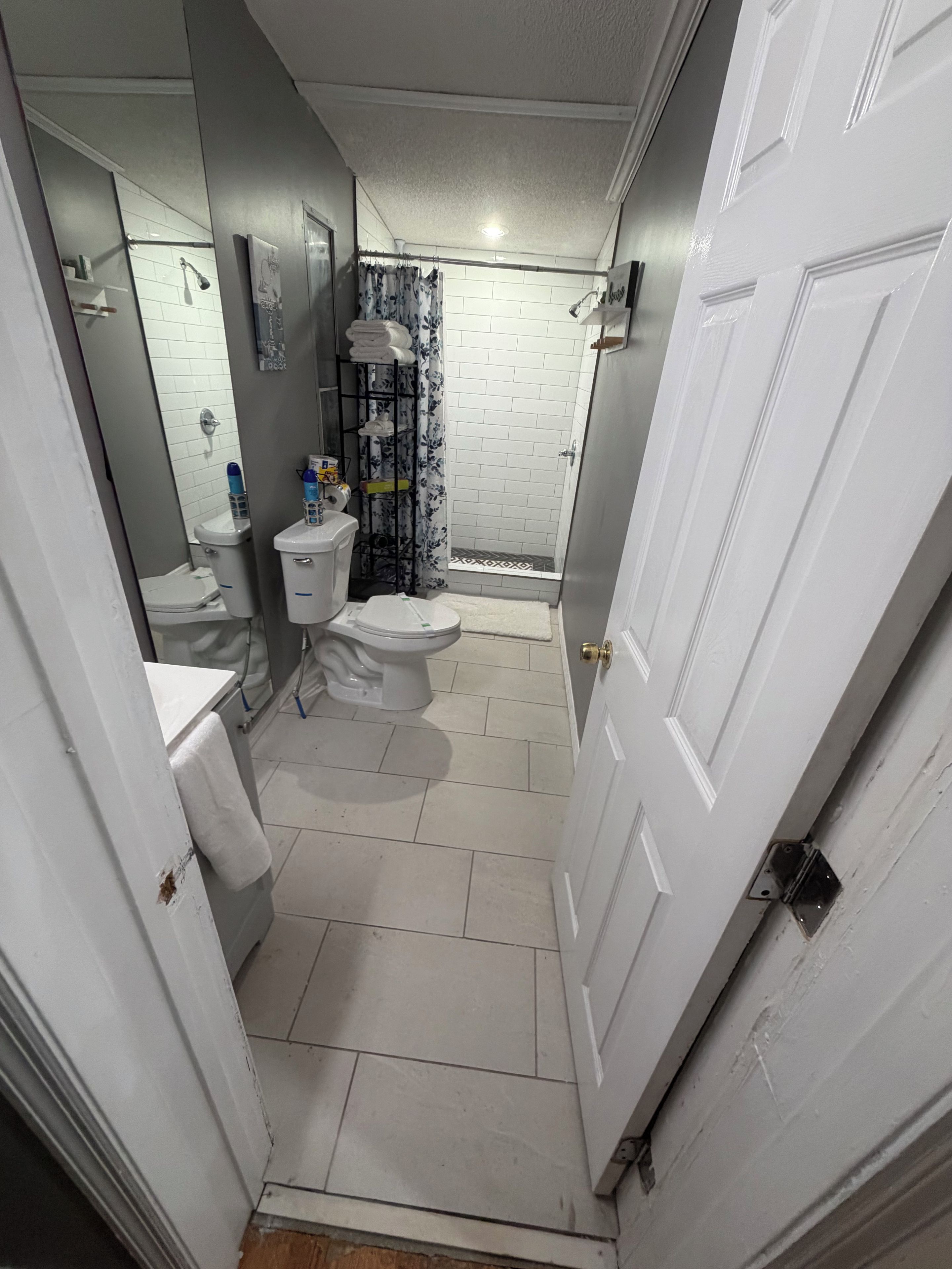 Un bagno con servizi igienici, lavabo e zona doccia.