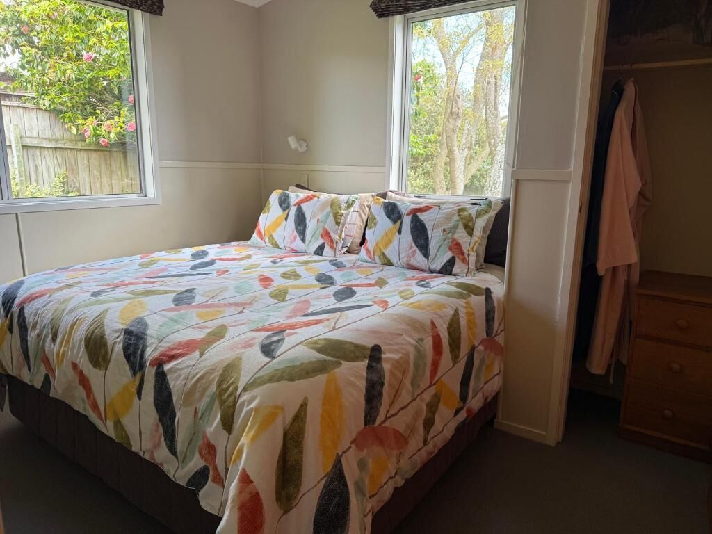 A bedroom with a bed, two windows, a wooden dresser, and a closet.