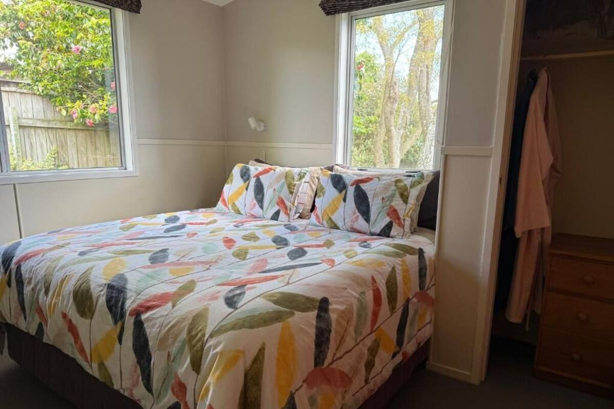 A bedroom with a bed, two windows, a wooden dresser, and a closet.