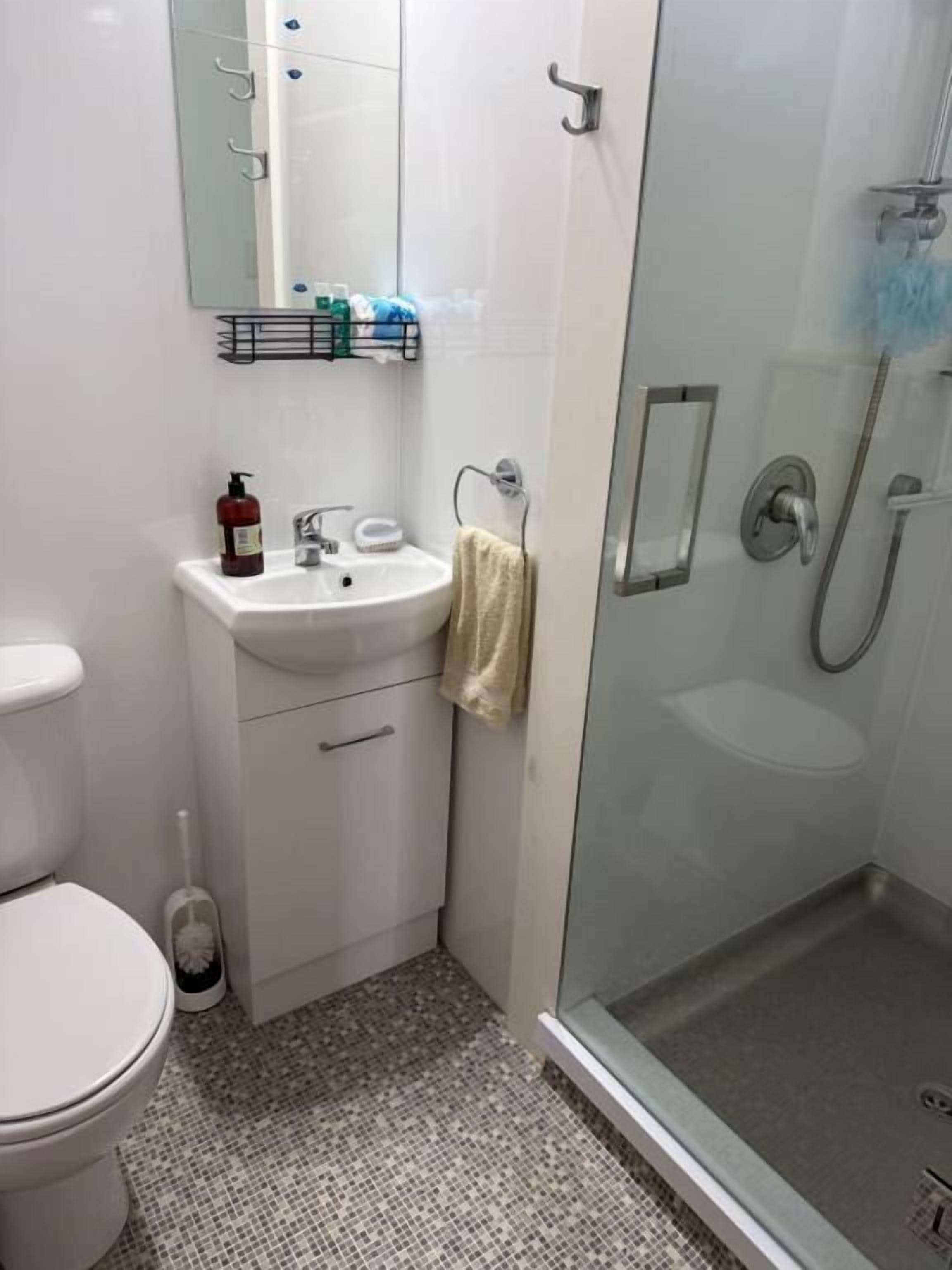 Hair dryer, slippers, towels, soap