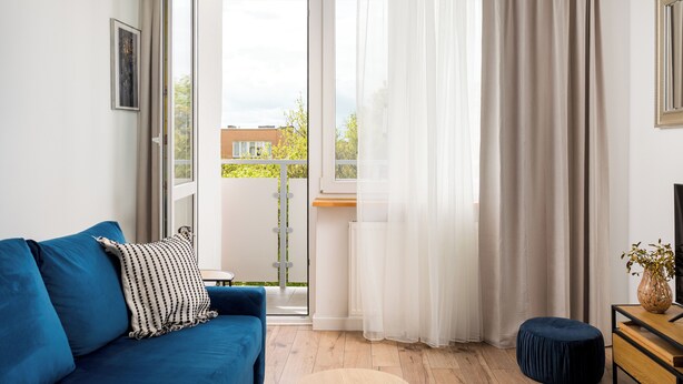 A modern living room with a blue sofa, a small table, a wooden floor, and a view through a glass door.