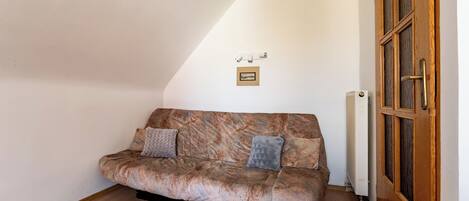 A room with a sofa, a radiator, and a wooden door.