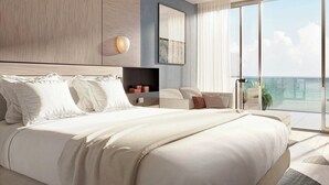 Une chambre moderne avec un grand lit, une table de chevet, une lampe fixée au mur et une vue sur l’extérieur.