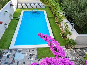 Ein rechteckiger Pool mit weißem Rand, umgeben von einem gepflegten Rasen und Blumentöpfen.