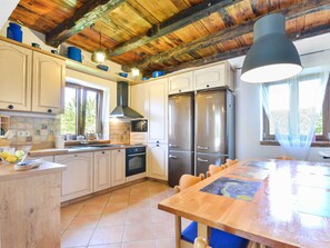 A kitchen with wooden beams, a large island, stainless steel appliances, and a view of greenery outside. - Vacation home  by Interhome (Bokordici)