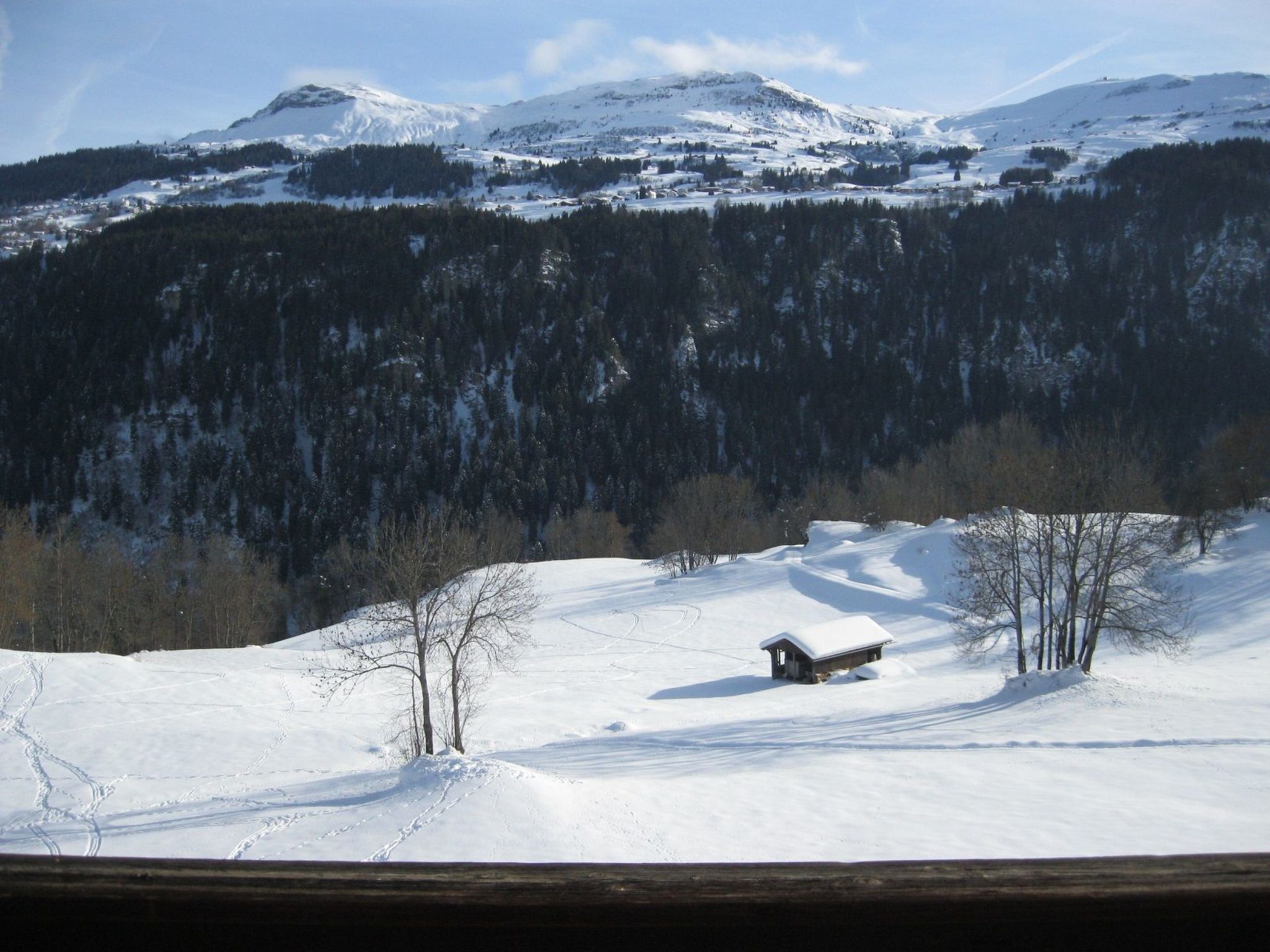 A snowy landscape with a cabin and trees.
