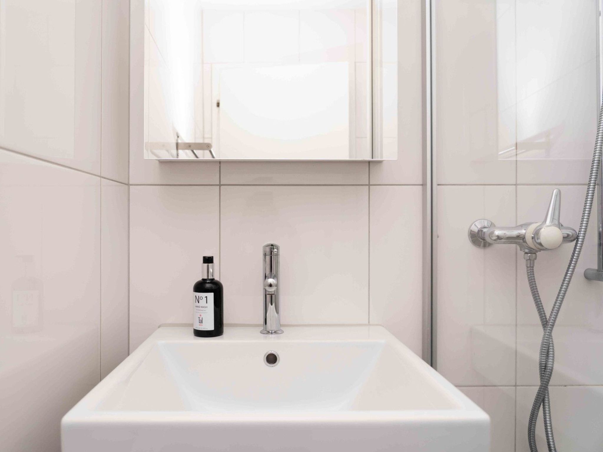 Een badkamer met een witte wastafel, een spiegel erboven, een handdouche en een fles handzeep.