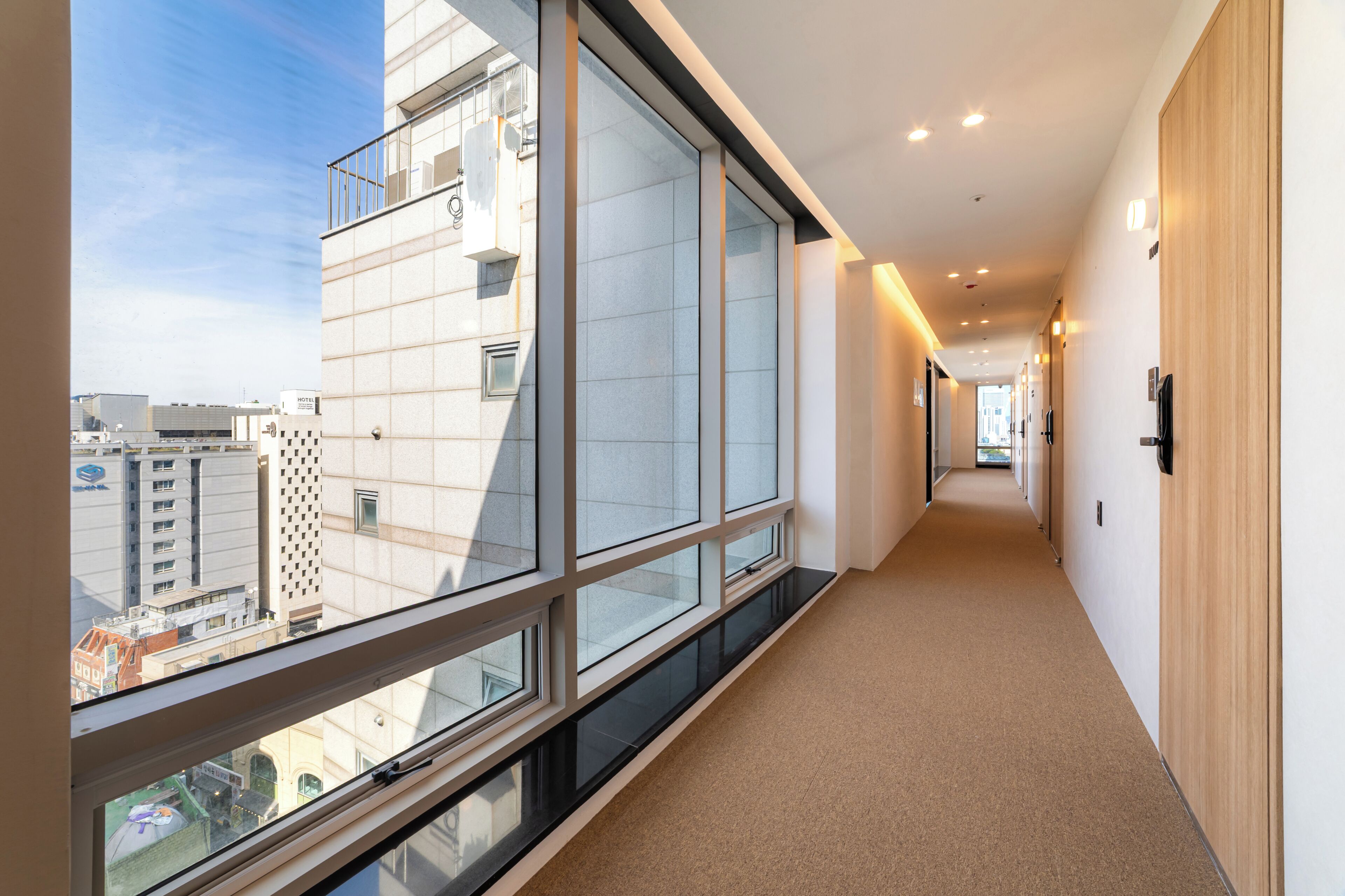 A modern hotel corridor with large windows, a carpeted floor, and a wooden door.
