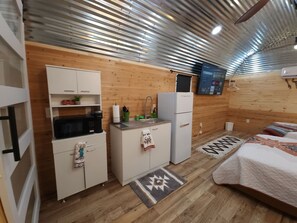 Fridge, microwave, coffee/tea maker, paper towels