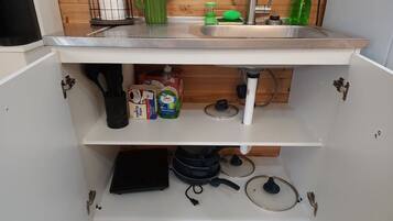 Fridge, microwave, coffee/tea maker, paper towels