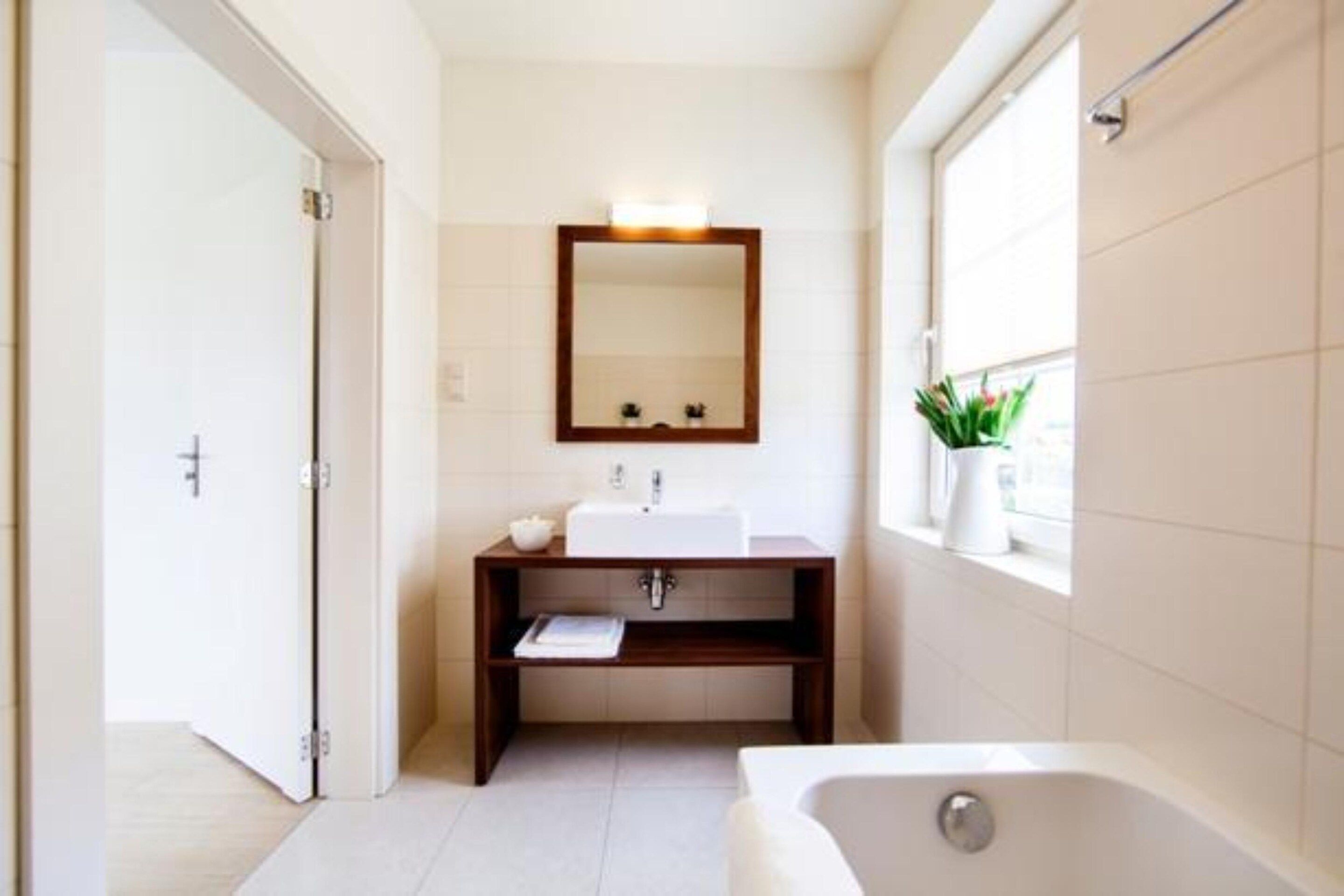 A bathroom with a bathtub, a sink, a mirror, and a window with a plant.