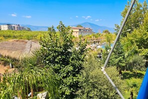 A lush garden with a variety of plants and a thatched structure, a pool area with lounge chairs, and a building with a mountain in the background.