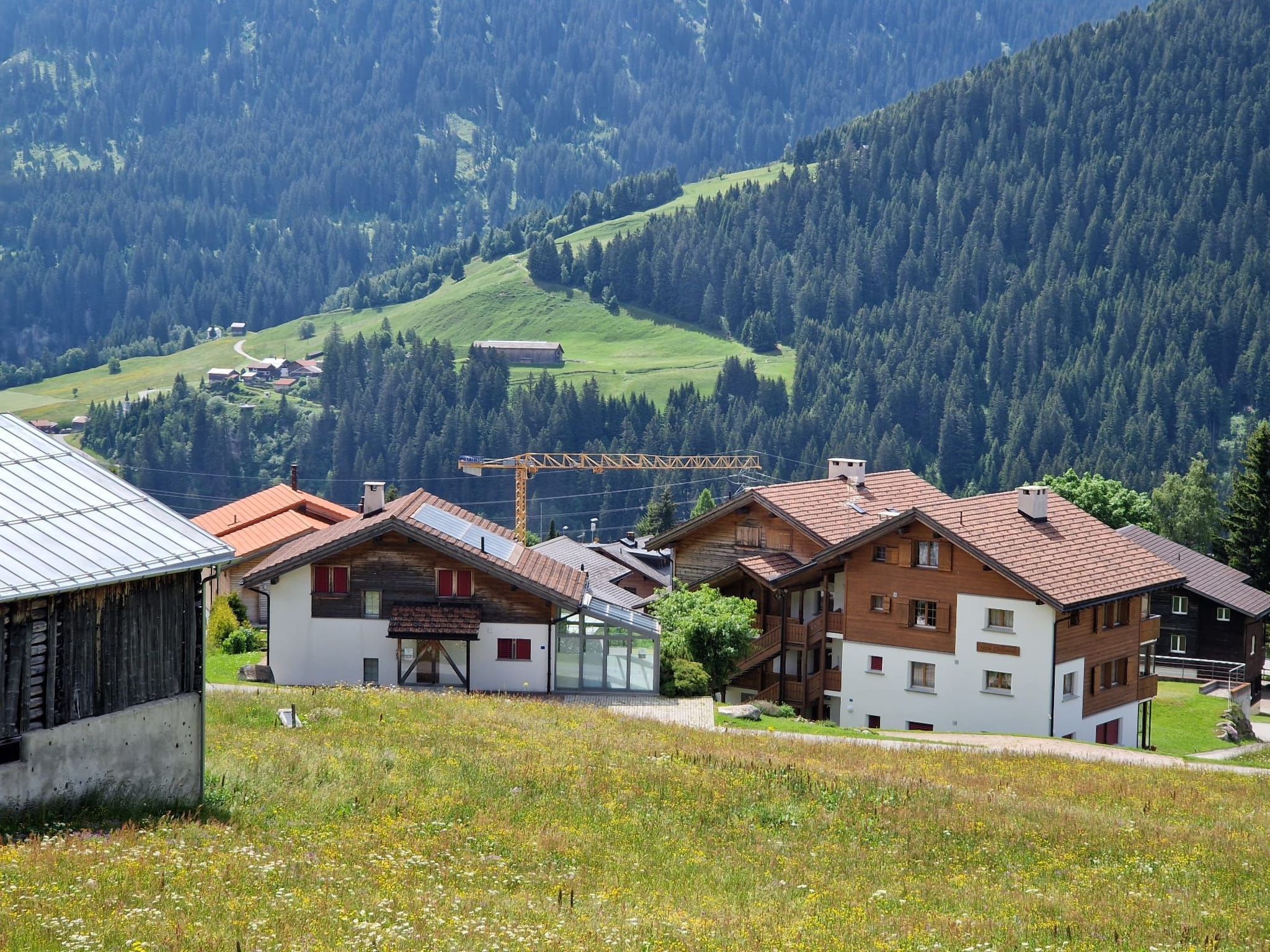 Eine Ansammlung von Holzhäusern mit geneigten Dächern, umgeben von einem üppigen, grünen Tal und bewaldeten Bergen.