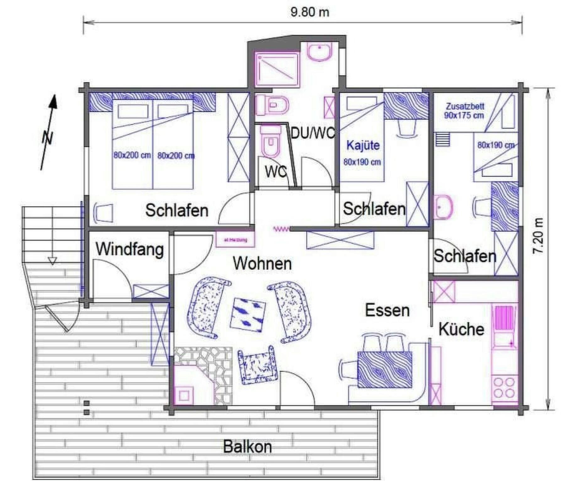 A floor plan of a hotel with multiple bedrooms, a living area, a kitchen, and a balcony.