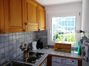 A kitchen with wooden cabinets, a stove, and a window with a view of greenery. - La Sclarida Kissling, (Segnas/Disentis), 1630 by Interhome (Disentis)