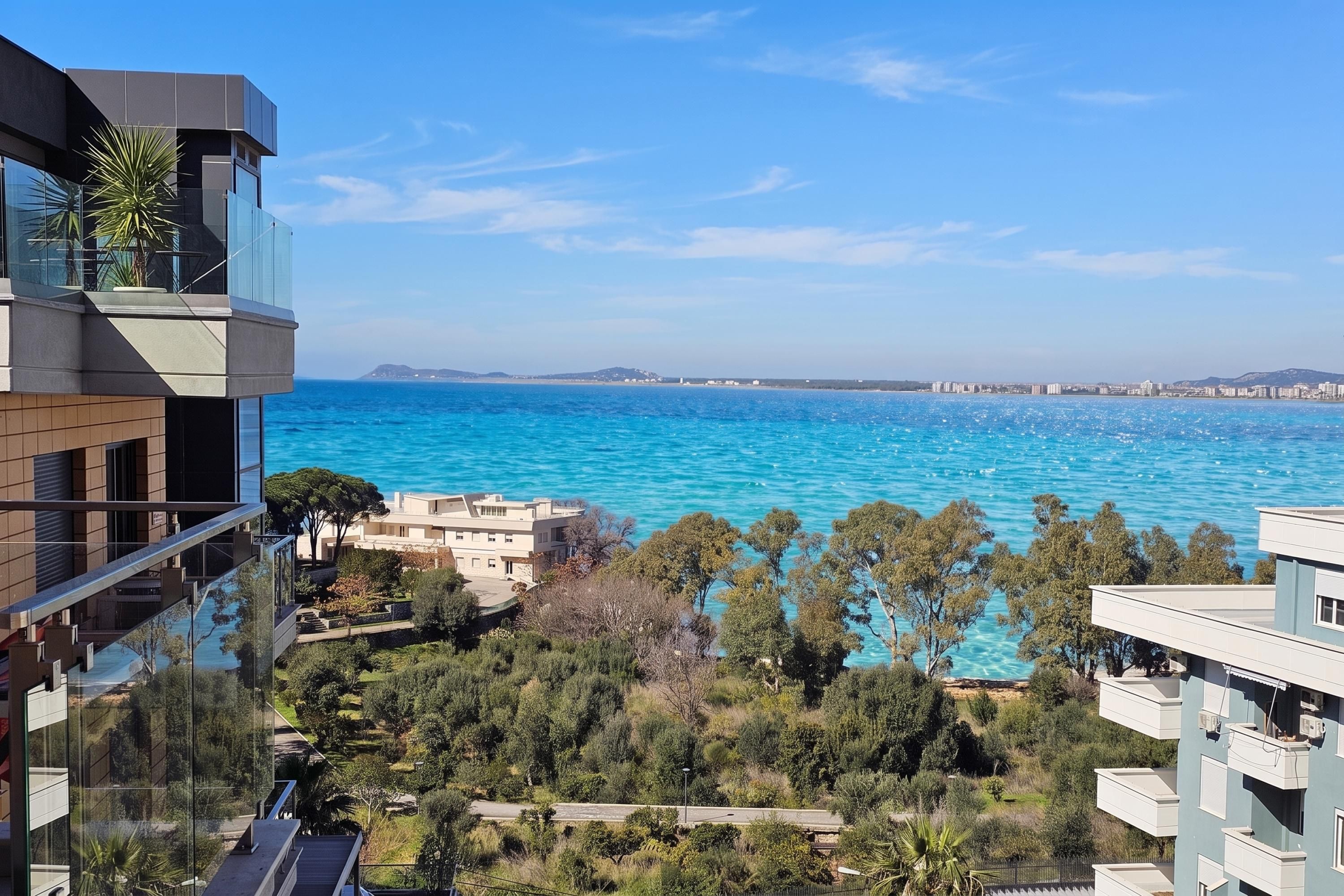 A coastal view from a balcony overlooking turquoise sea and a cityscape.