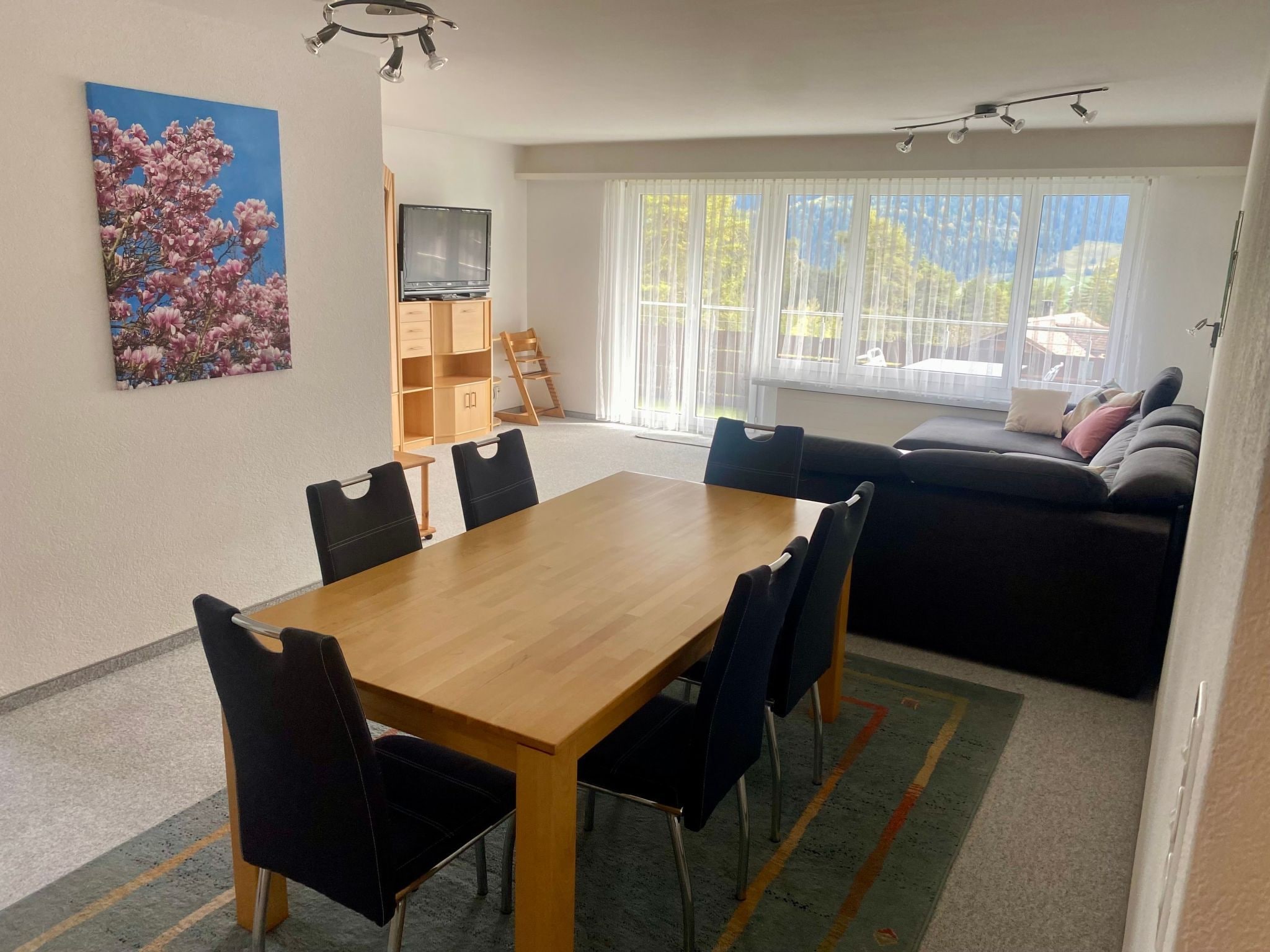 A dining area with a wooden table and black chairs, a television on a wooden stand, and a sofa with cushions.