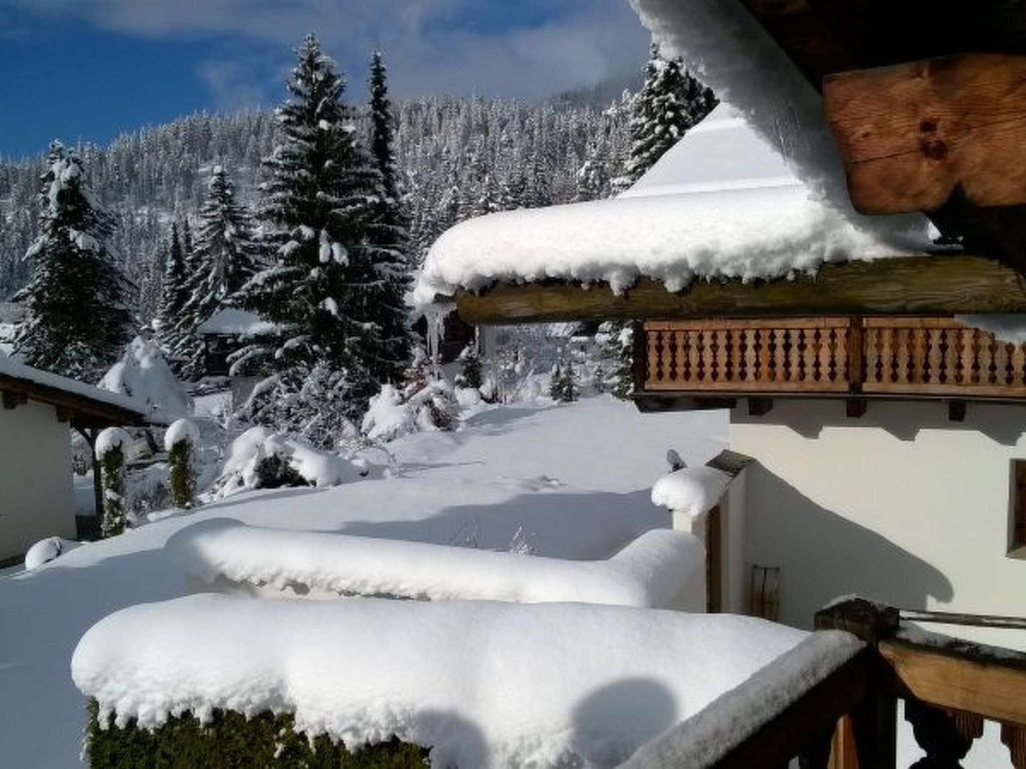Eine verschneite Berglandschaft mit einer Holzhütte und schneebedeckten Bäumen.