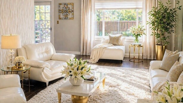 A living room with a white sofa, a coffee table, and a rug. - Step into The Guest House… stay awhile, where comfort meets elegance. (Inkster)
