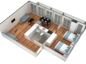 En 3D-plantegning af et hotelværelse med tekøkken, sofa, spisebord og seng.