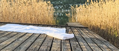 A wooden deck with a map, overlooking a lake and dense reeds.