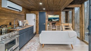 Una cocina moderna con estufa integrada, lavaplatos y refrigerador. Hay un sofá y un cuadro de un paisaje en la pared.