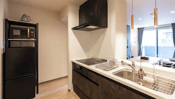 A modern kitchen with a built-in microwave, oven, and dishwasher, a stainless steel sink, and pendant lighting.