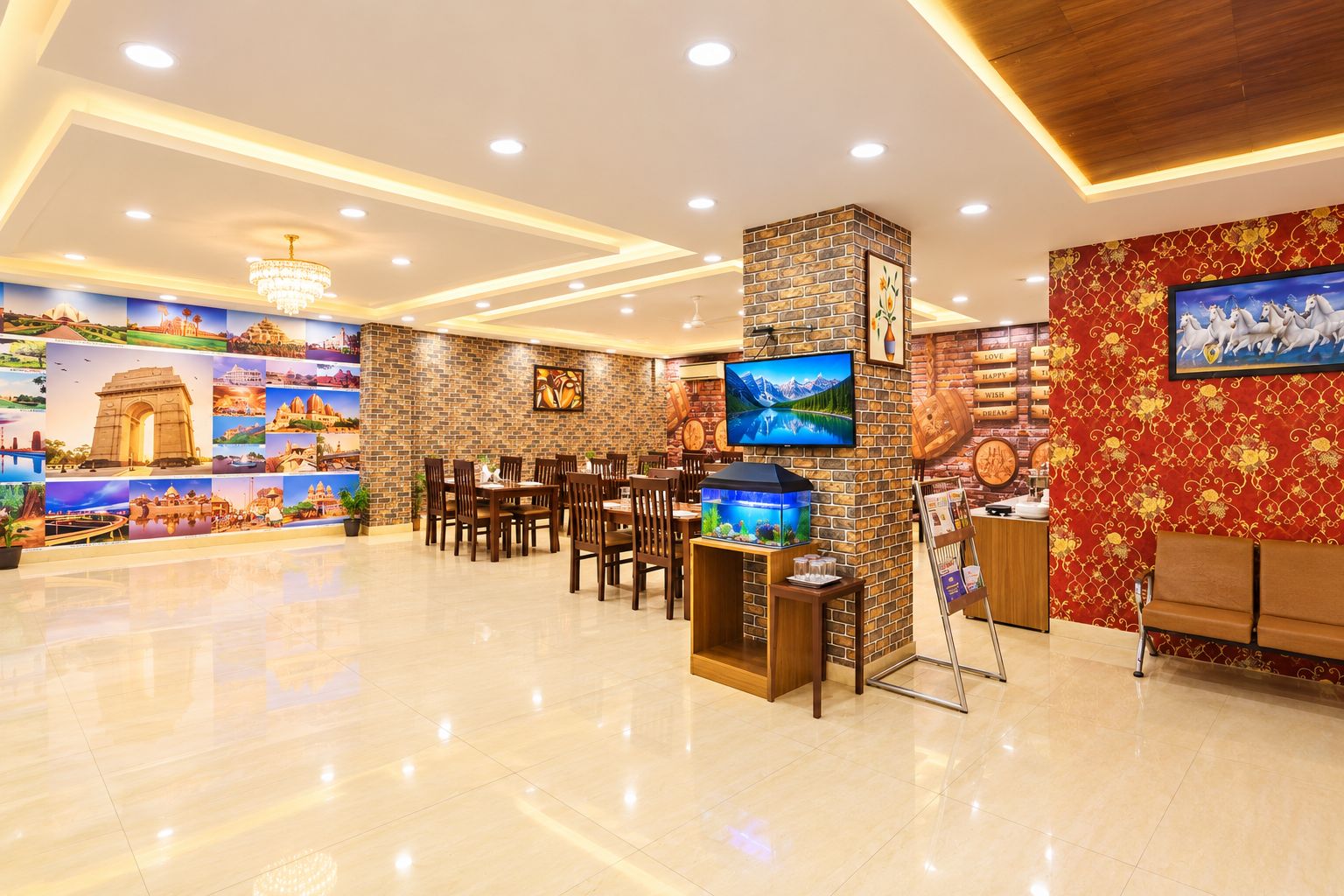 A restaurant with a brick wall, a fish tank, and a TV.