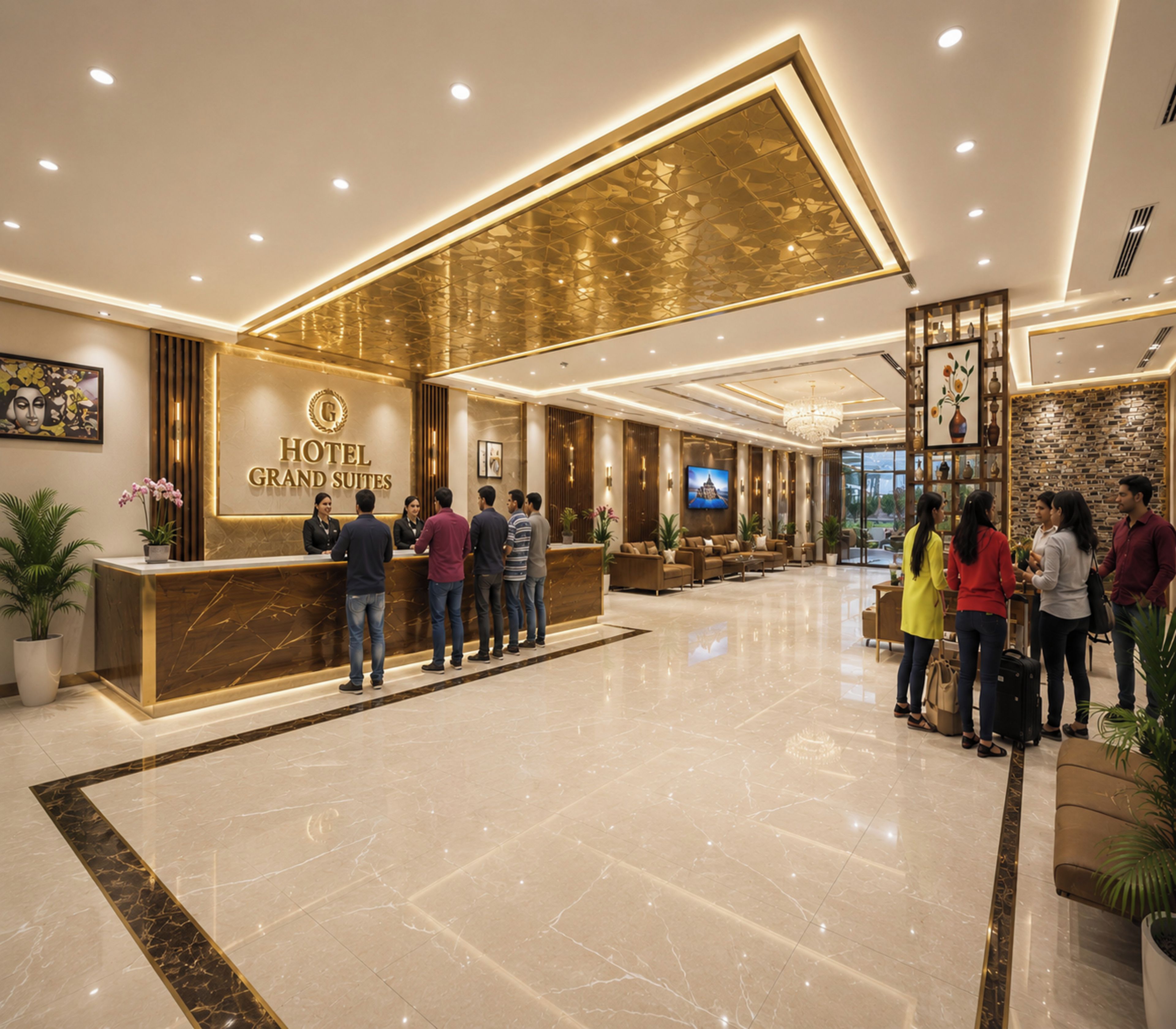 A hotel reception area with a marble floor, a reception desk, and a television screen.