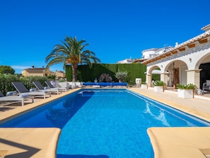 Ein Swimmingpool mit Liegestühlen und einer Palme.